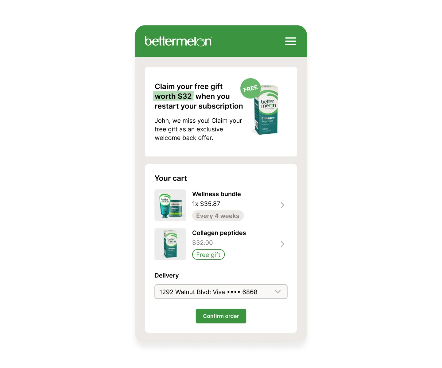 A mobile interface showing a free gift offer with a subscription cart.