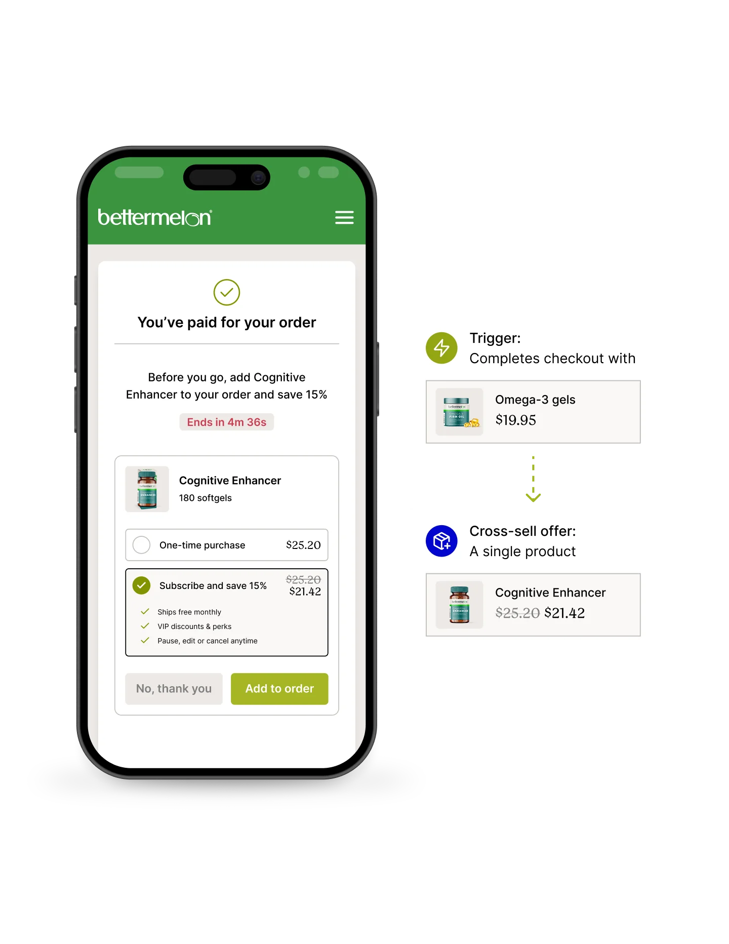 Mobile checkout interface showing a paid order and cross-sell offer for a Cognitive Enhancer product.