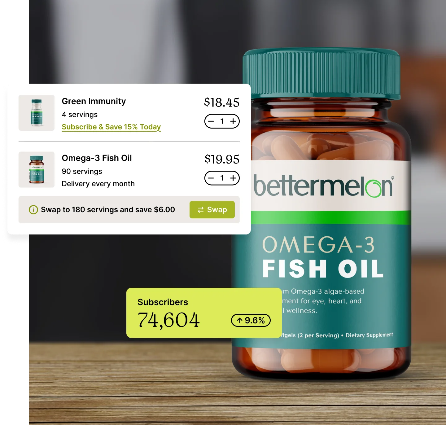 Omega-3 Fish Oil bottle from bettermelon with highlighted subscription details.