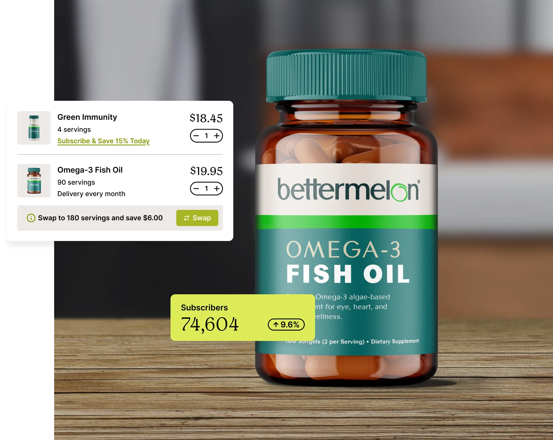A bottle of Omega-3 Fish Oil by bettermelon with visible serving information.