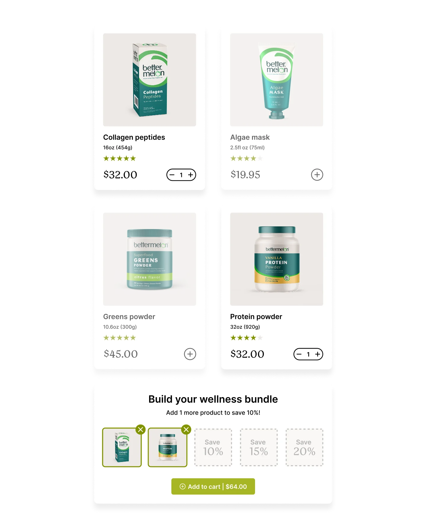 Collagen peptides, algae mask, greens powder, and protein powder displayed for a wellness bundle.