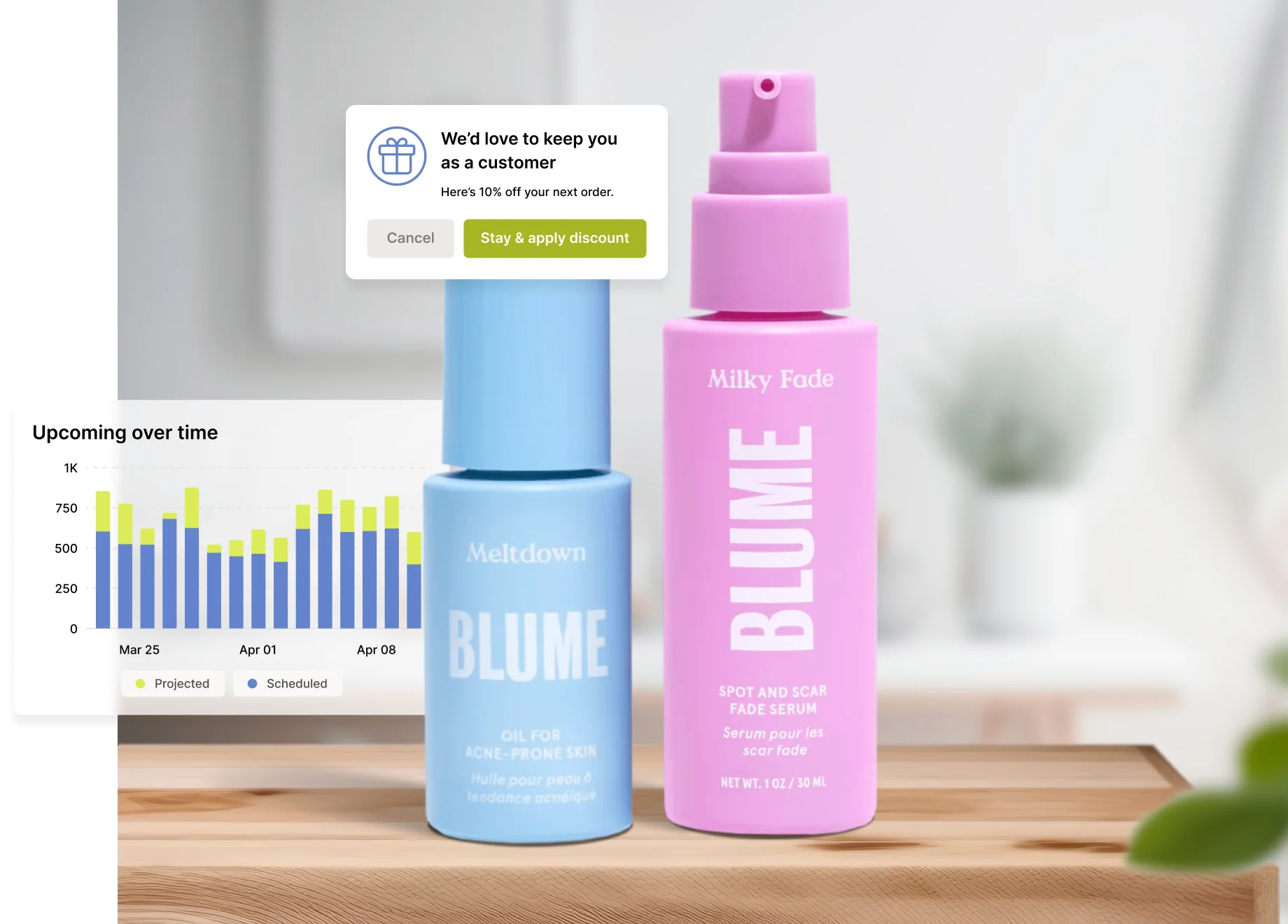 Two skincare products on a wooden surface, including an oil for acne-prone skin and a spot and scar fade serum.