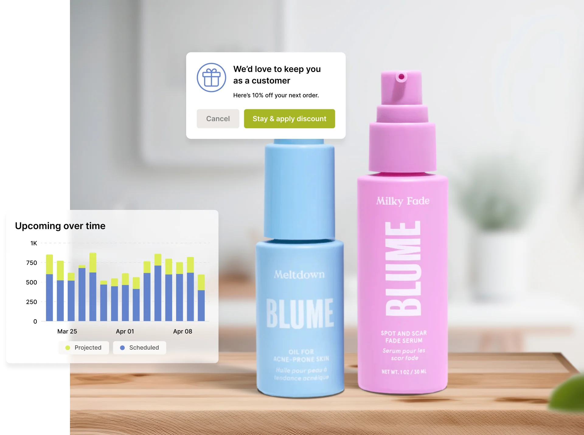 Two skincare products on a wooden surface, including an oil for acne-prone skin and a spot and scar fade serum.