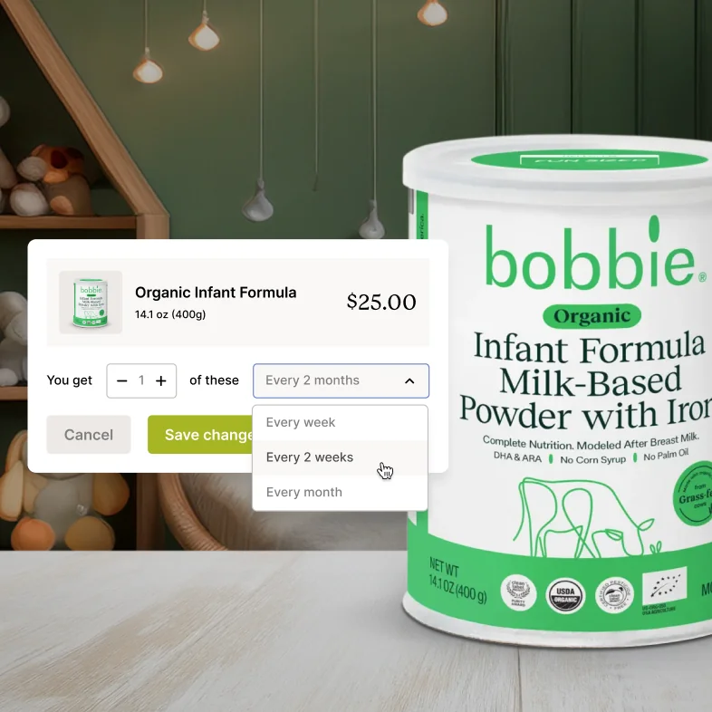 A package of bobbie Organic Infant Formula displayed with a subscription option.