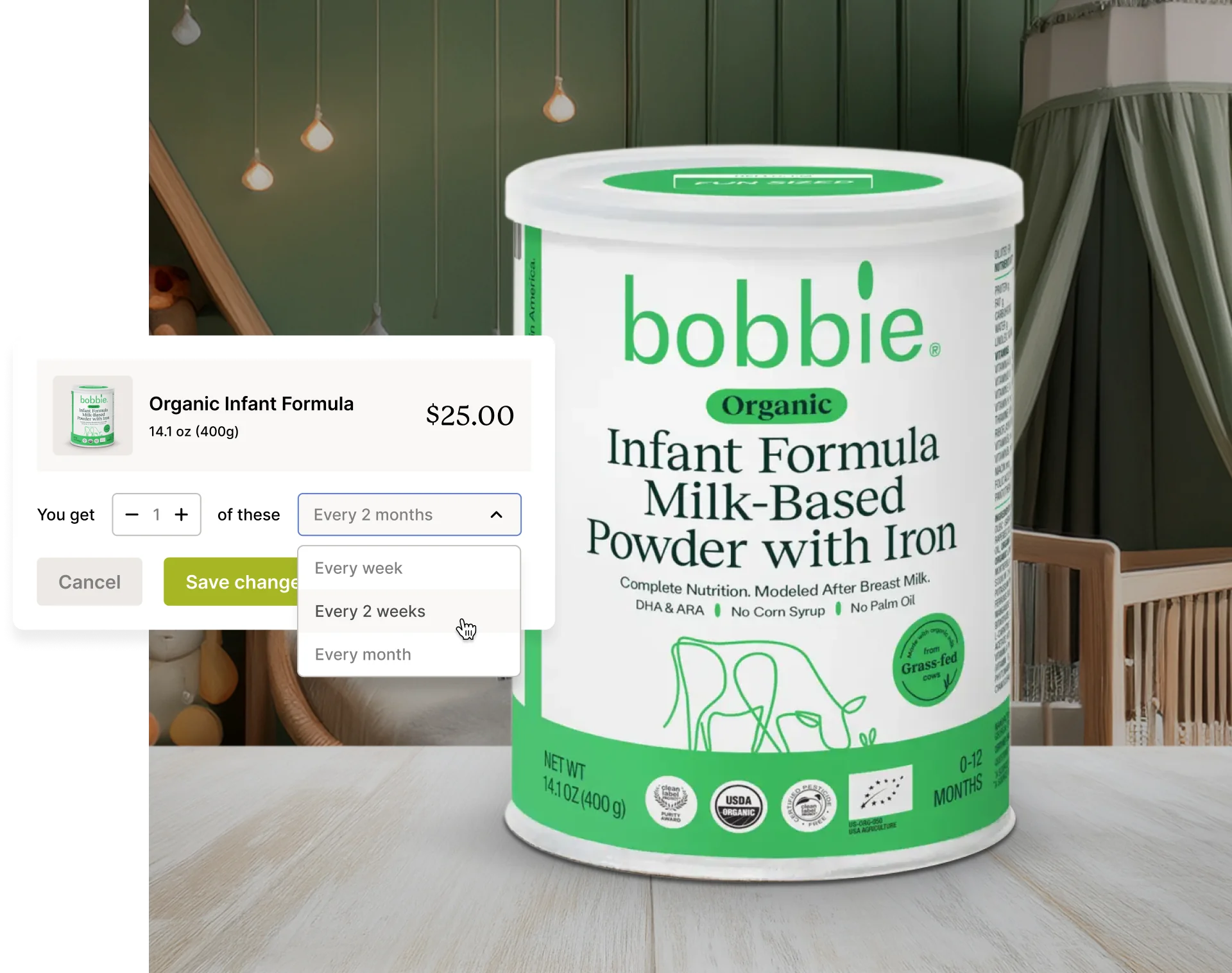 A package of bobbie Organic Infant Formula displayed with a subscription option.