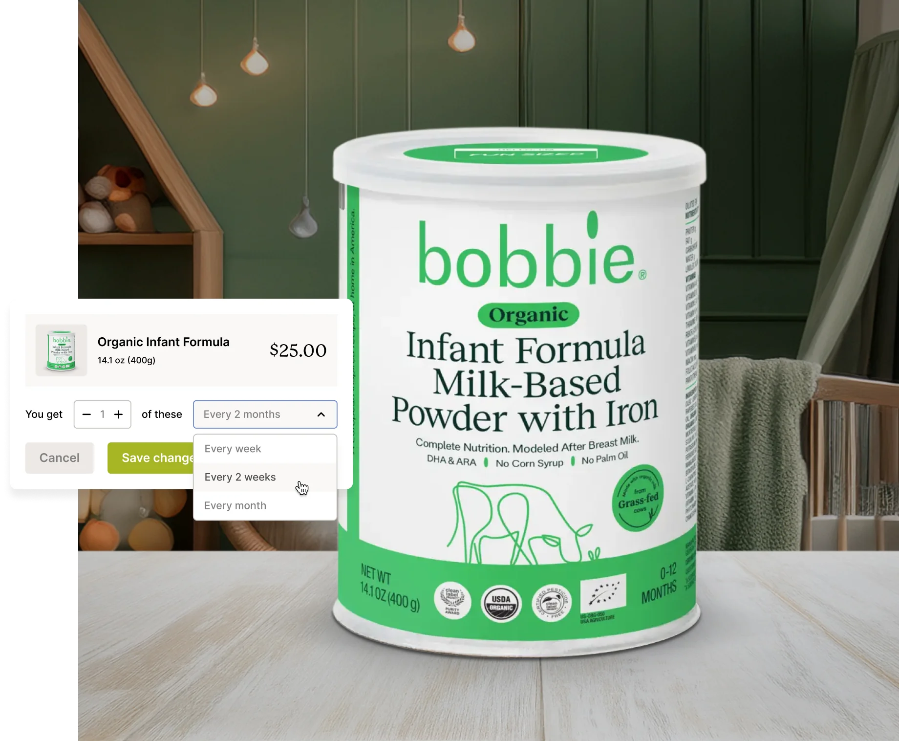 A package of bobbie Organic Infant Formula displayed with a subscription option.