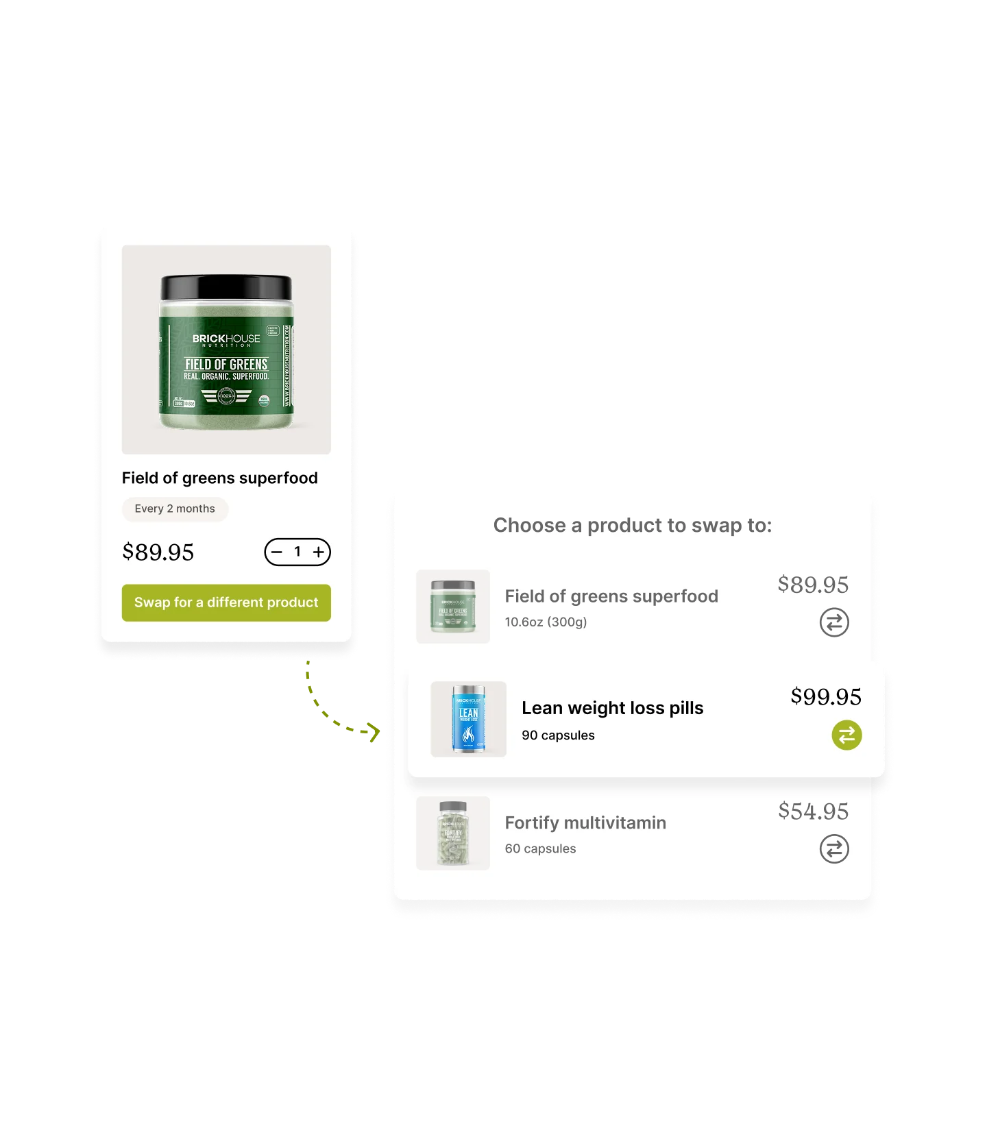 Product swap interface displaying Field of Greens superfood and alternative products.