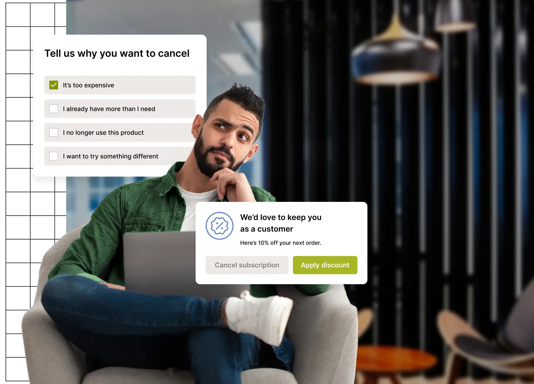 A man contemplating while using a laptop with a feedback form displayed.