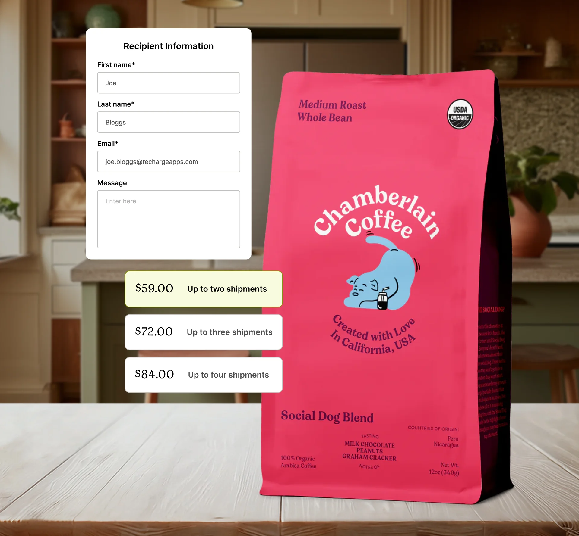 A bag of Chamberlain Coffee's Social Dog Blend with recipient information form in focus.