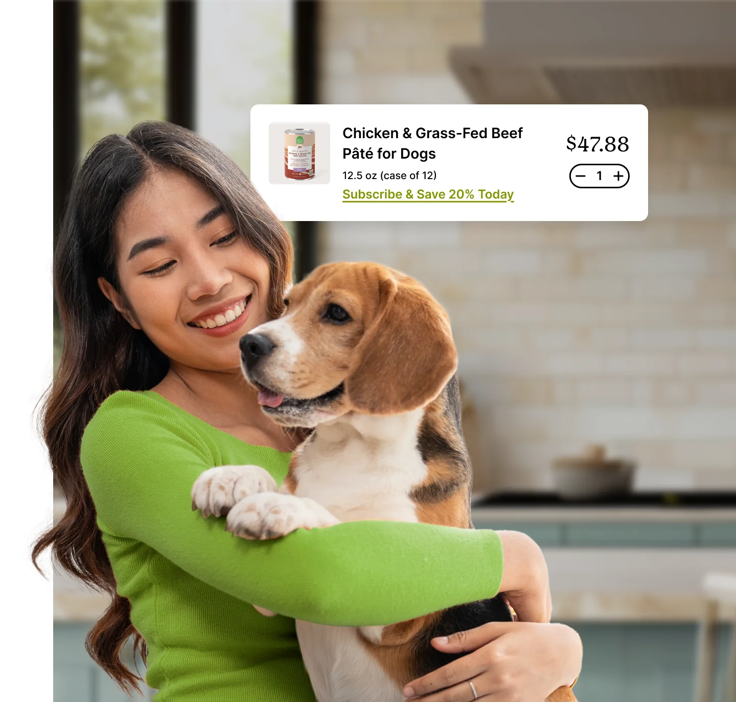 A person looking at a dog while holding a can of Chicken & Grass-Fed Beef Pâté for Dogs.