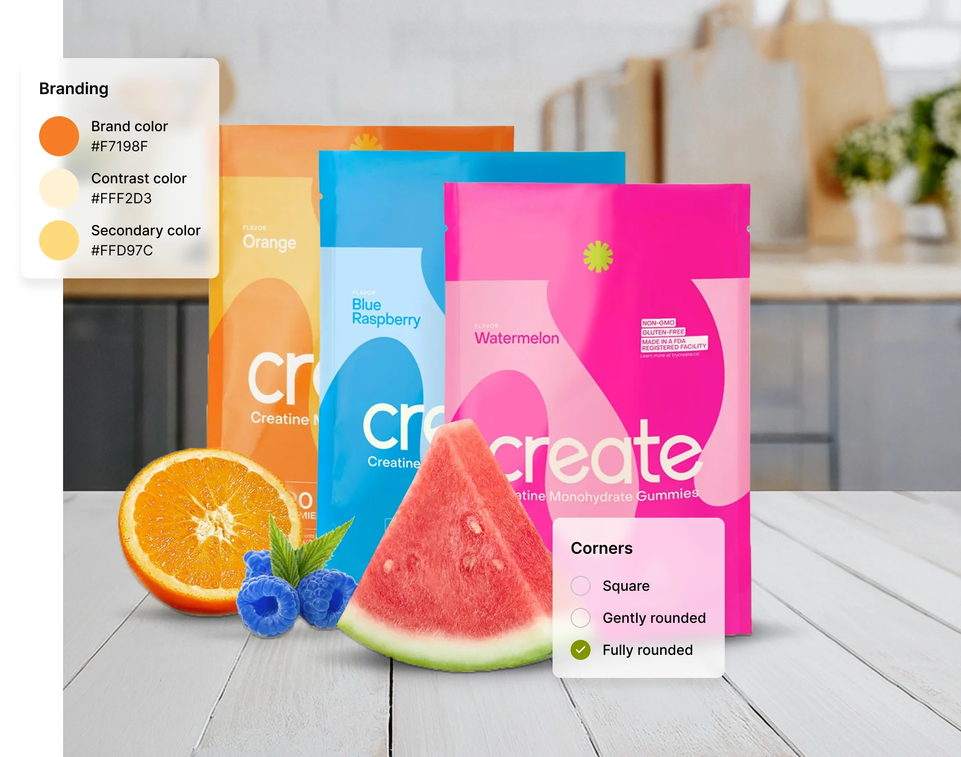 Different flavors of creatine gummies arranged on a table with fruit.