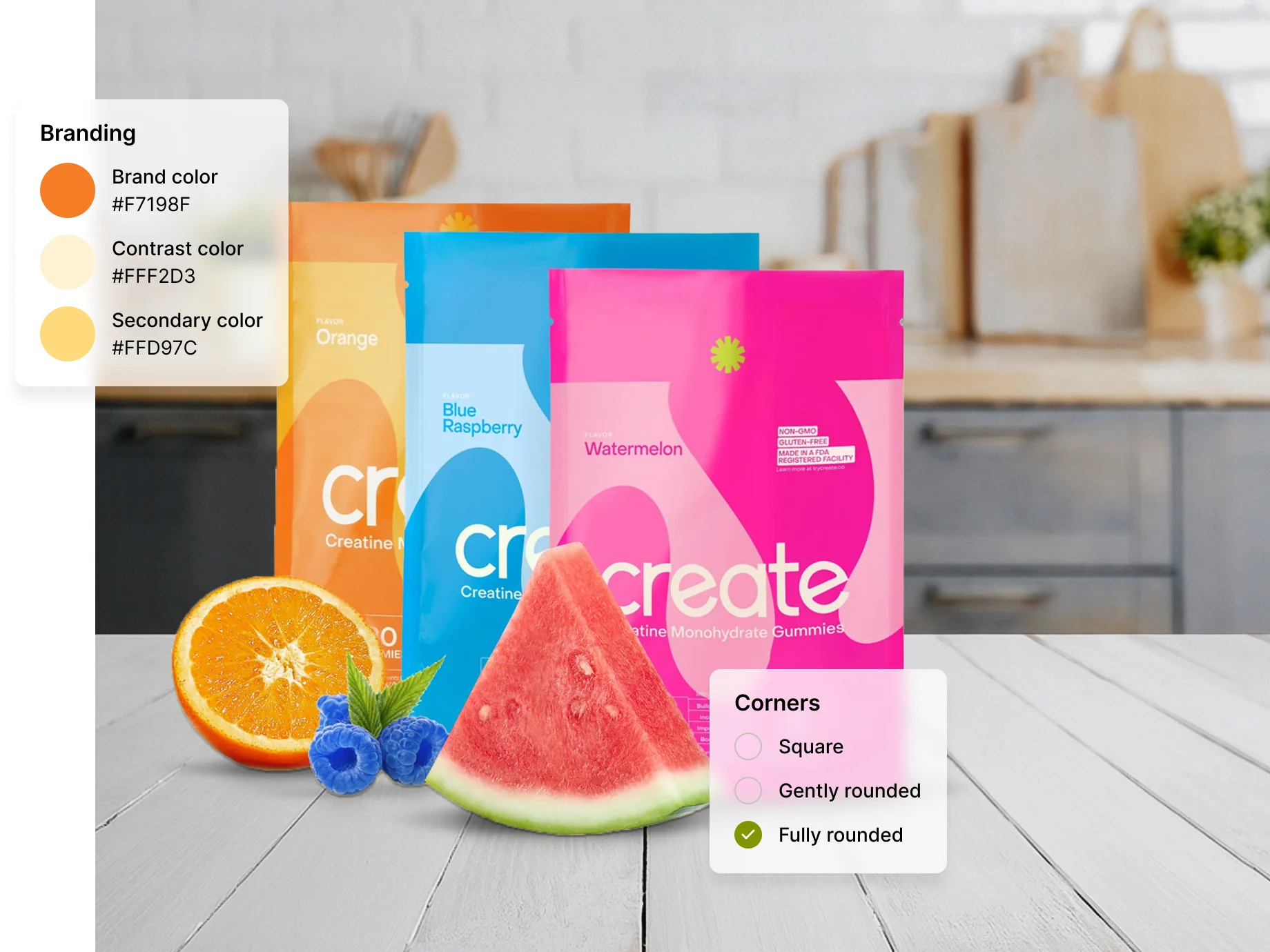 Various flavors of creatine gummies displayed on a wooden surface.