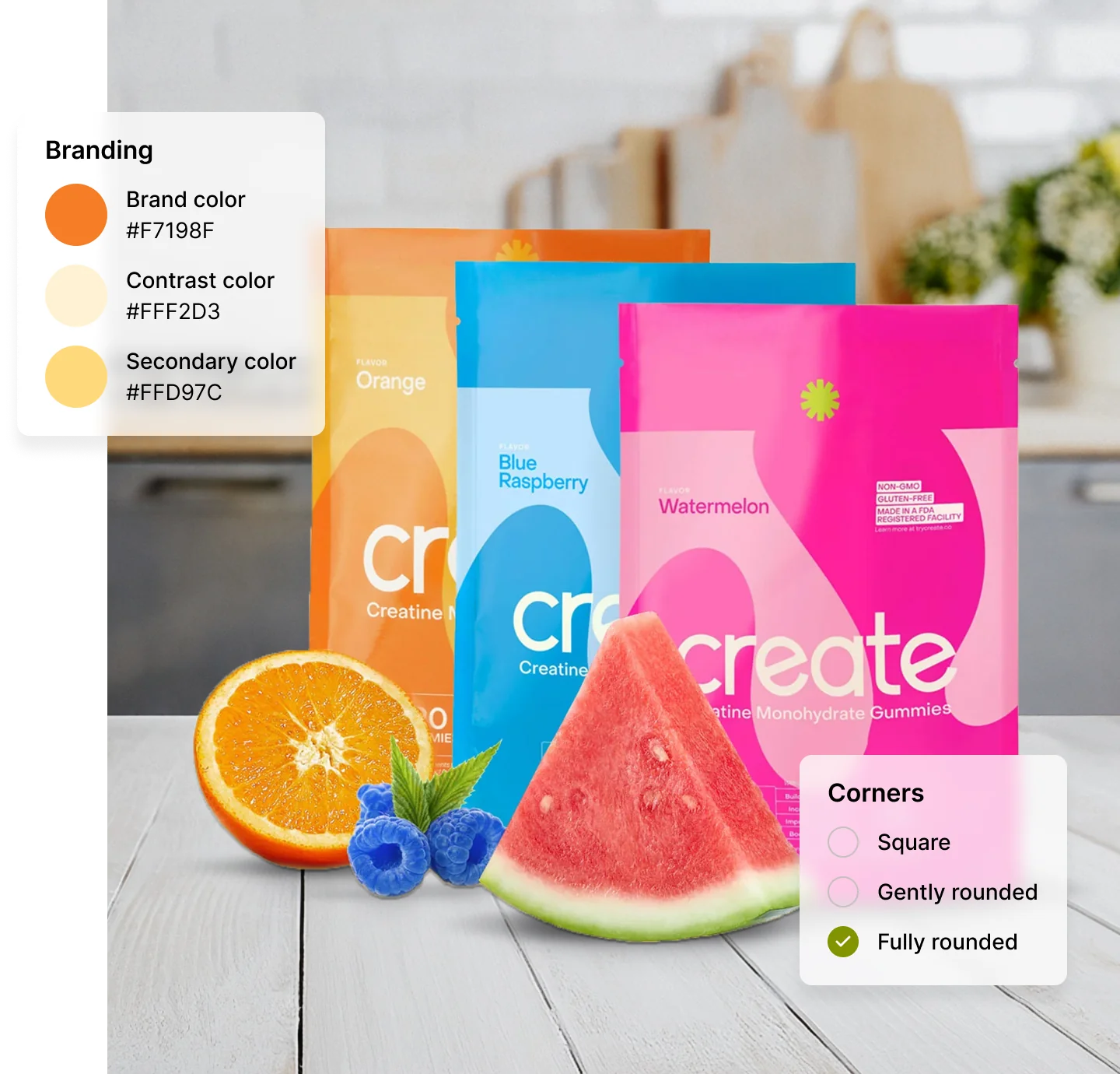 Flavors of creatine gummies alongside fruit on a wooden surface.