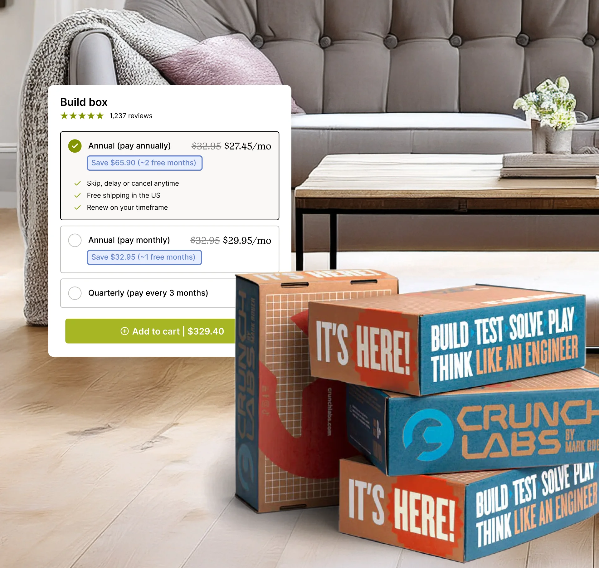 Subscription options for the Crunch Labs build box displayed on a coffee table in a living room setting.
