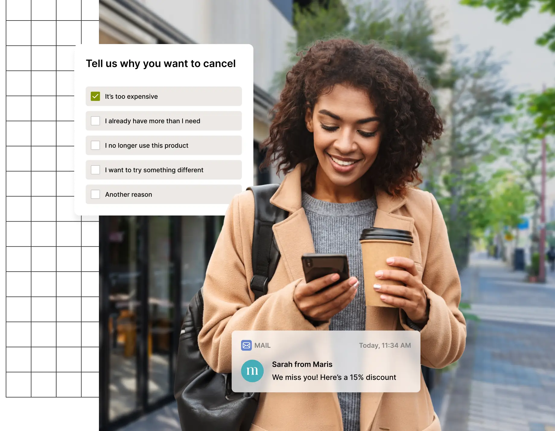 A woman on the street with a smartphone selecting cancellation reasons.