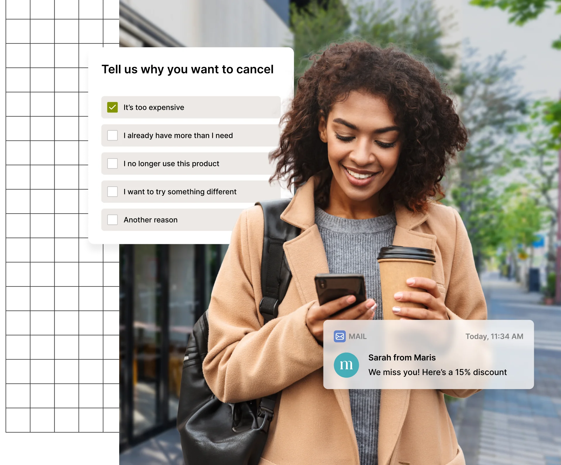 A person holding a smartphone while selecting reasons for cancellation.