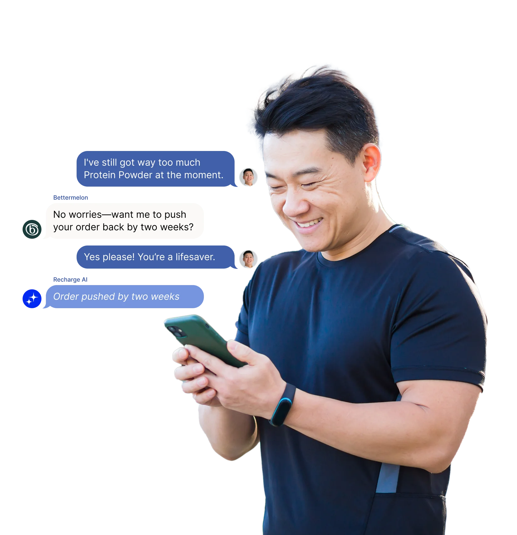 Chat conversation about pushing back a protein powder order