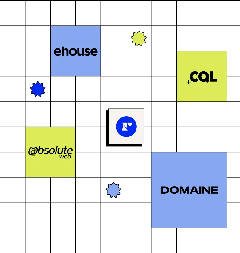 Logos of various brands including ehouse, CQL, @bs and domaine displayed on a black background.
