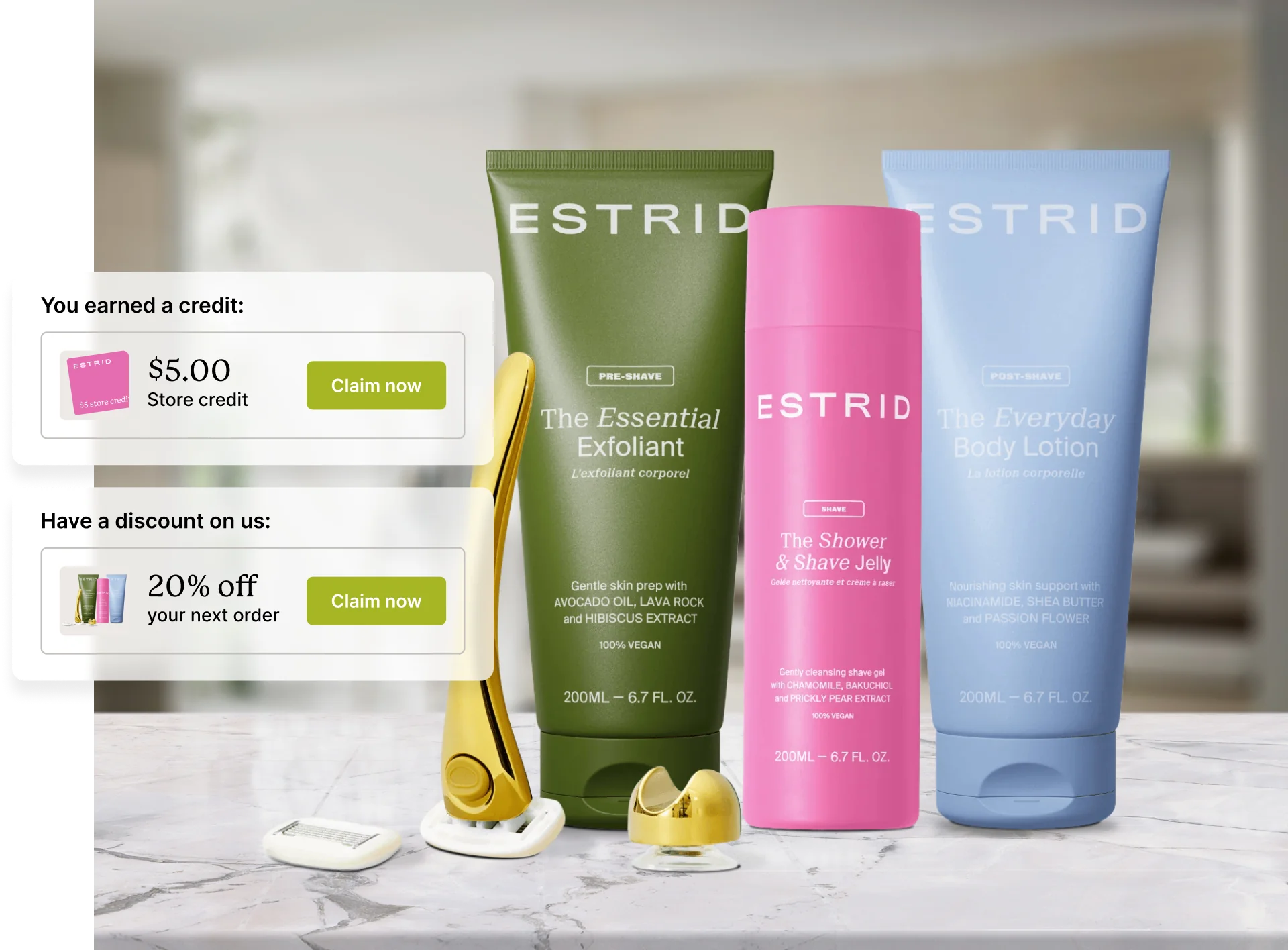An arrangement of Estrid personal care products on a countertop.