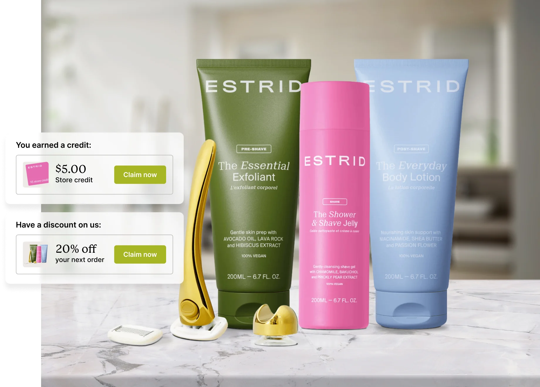 Three Estrid skin care products displayed on a countertop.