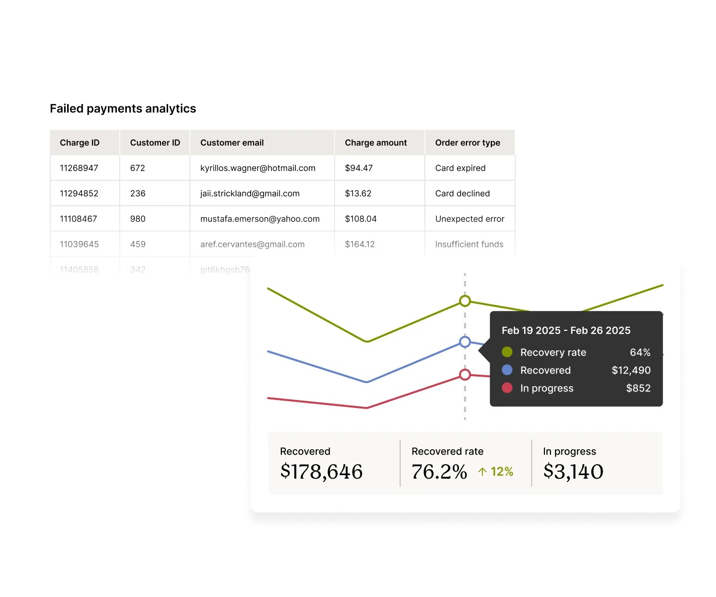 A visual representation of failed payments analytics.