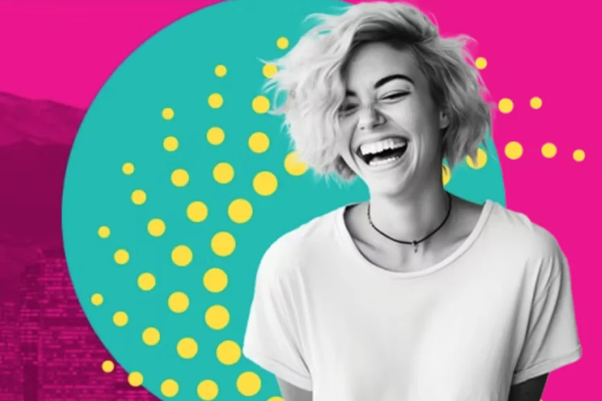 A woman with blonde curly hair laughing against a colorful background.