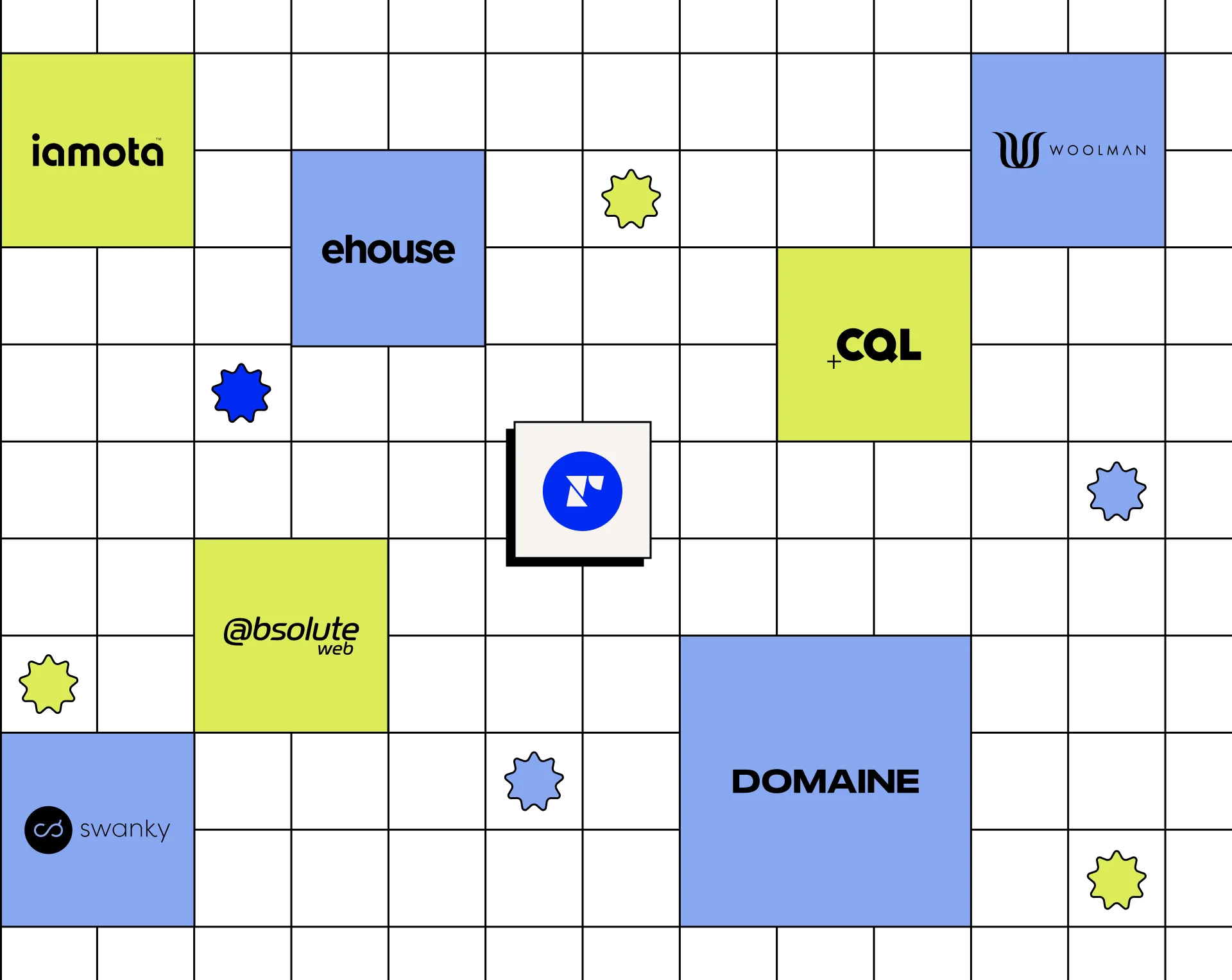 Colorful graphic featuring brands iamota, ehouse, CQL, and Woolman.