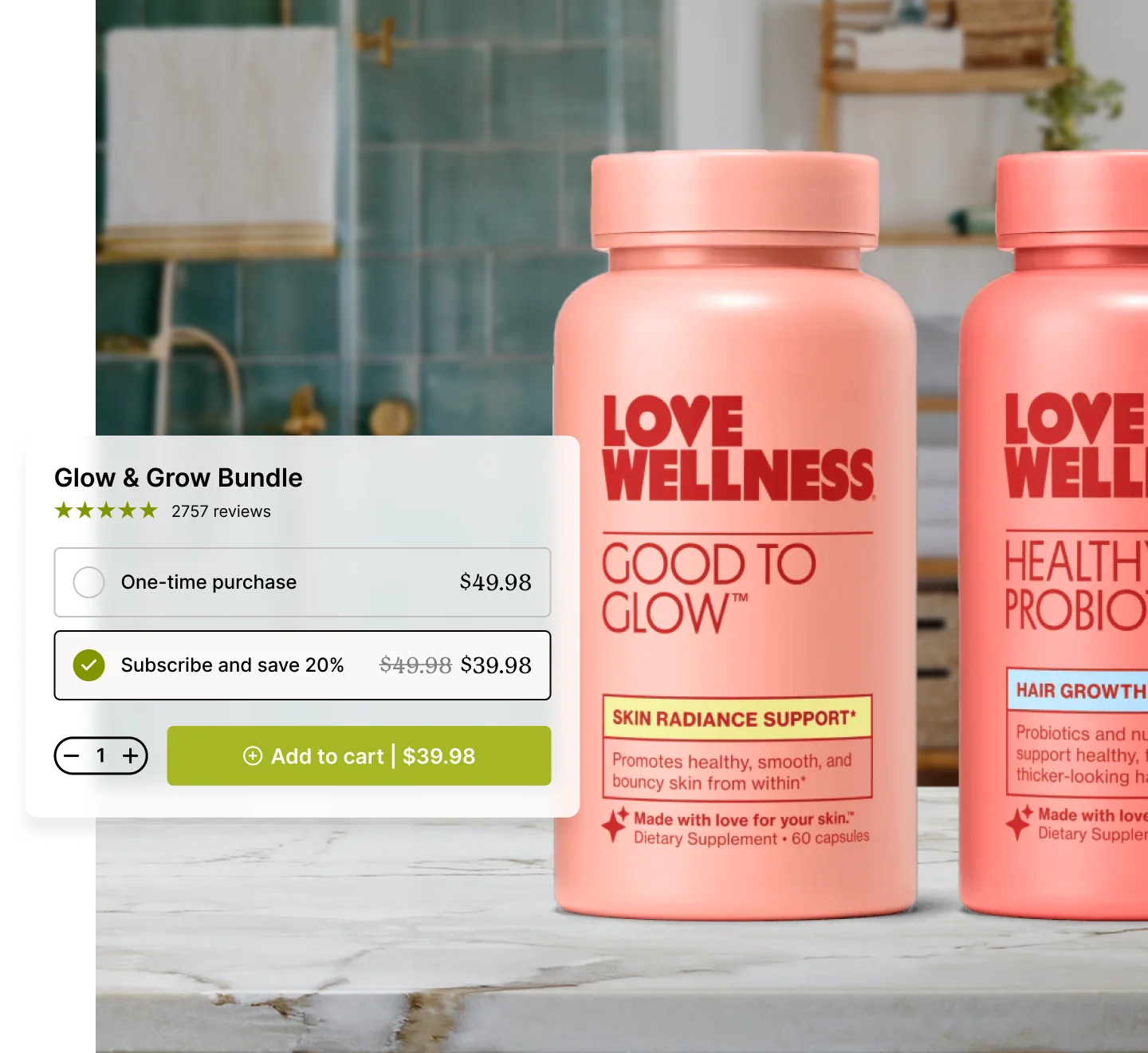 Two bottles of Love Wellness supplements on a countertop in a bathroom setting.