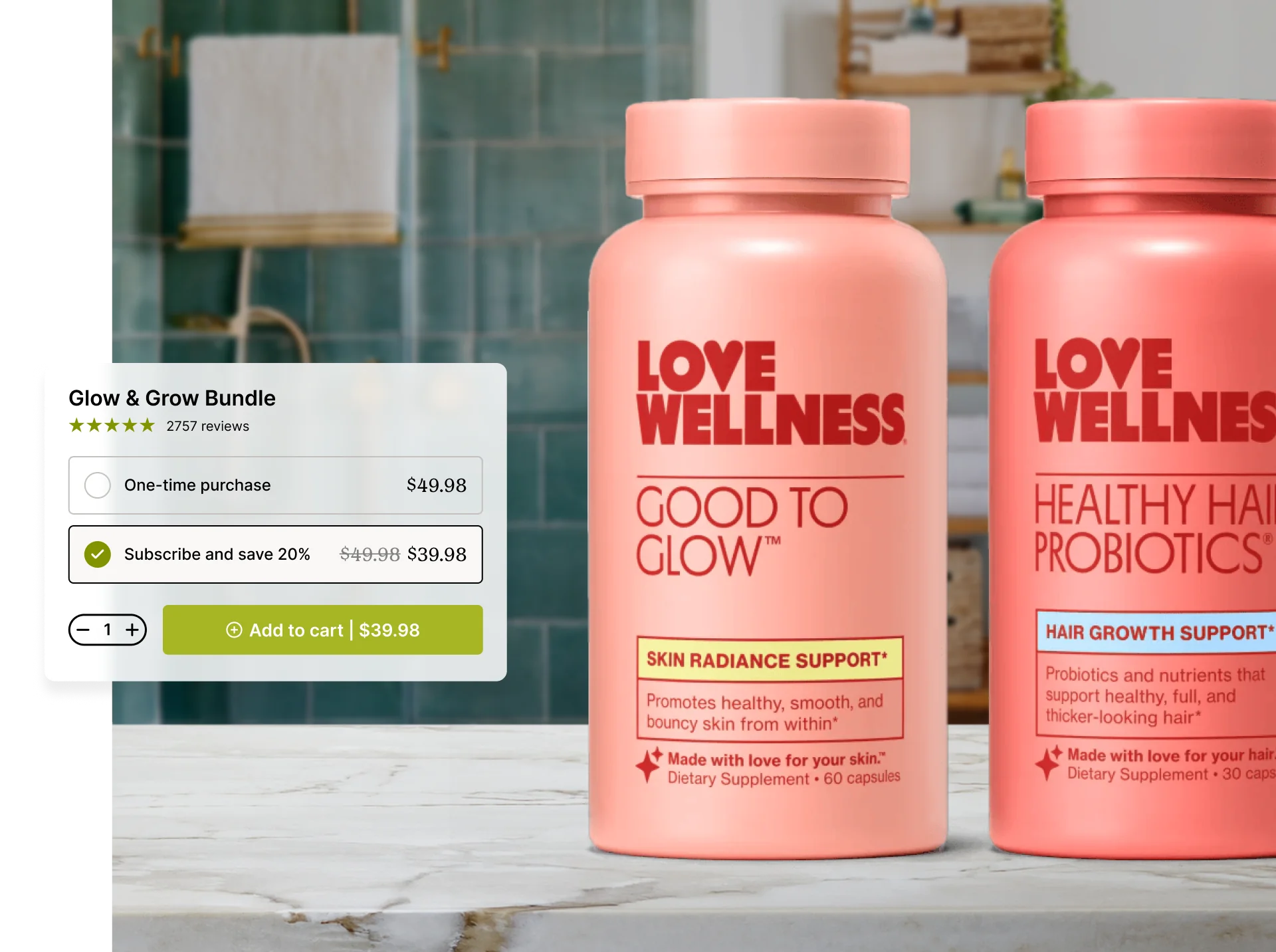 Two bottles of Love Wellness supplements on a countertop in a bathroom setting.