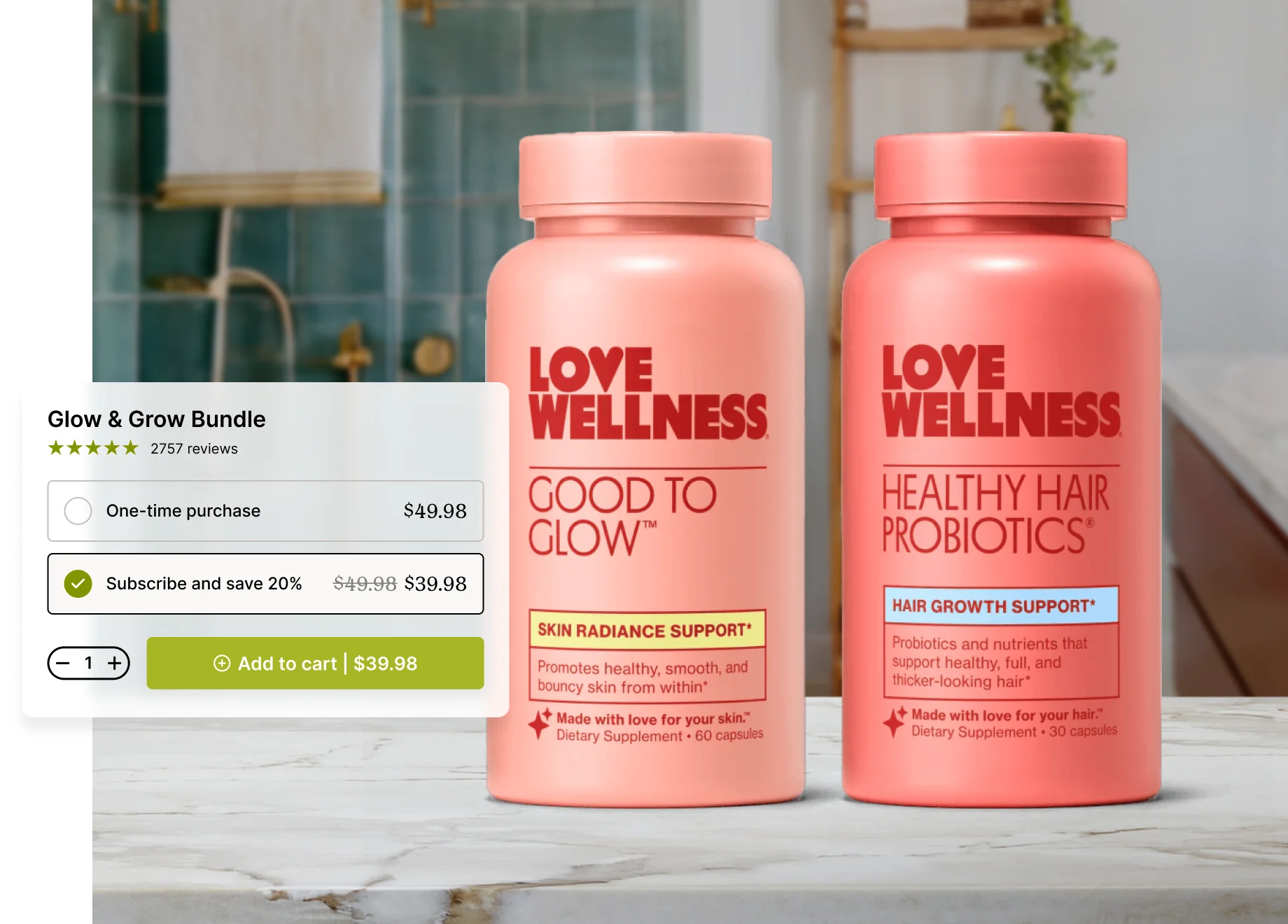 Two bottles of Love Wellness supplements on a countertop in a bathroom setting.