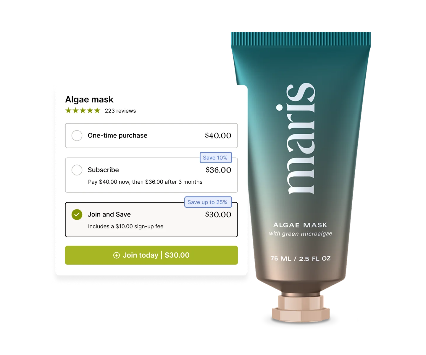 A product display for Maris Algae Mask, showing pricing options.