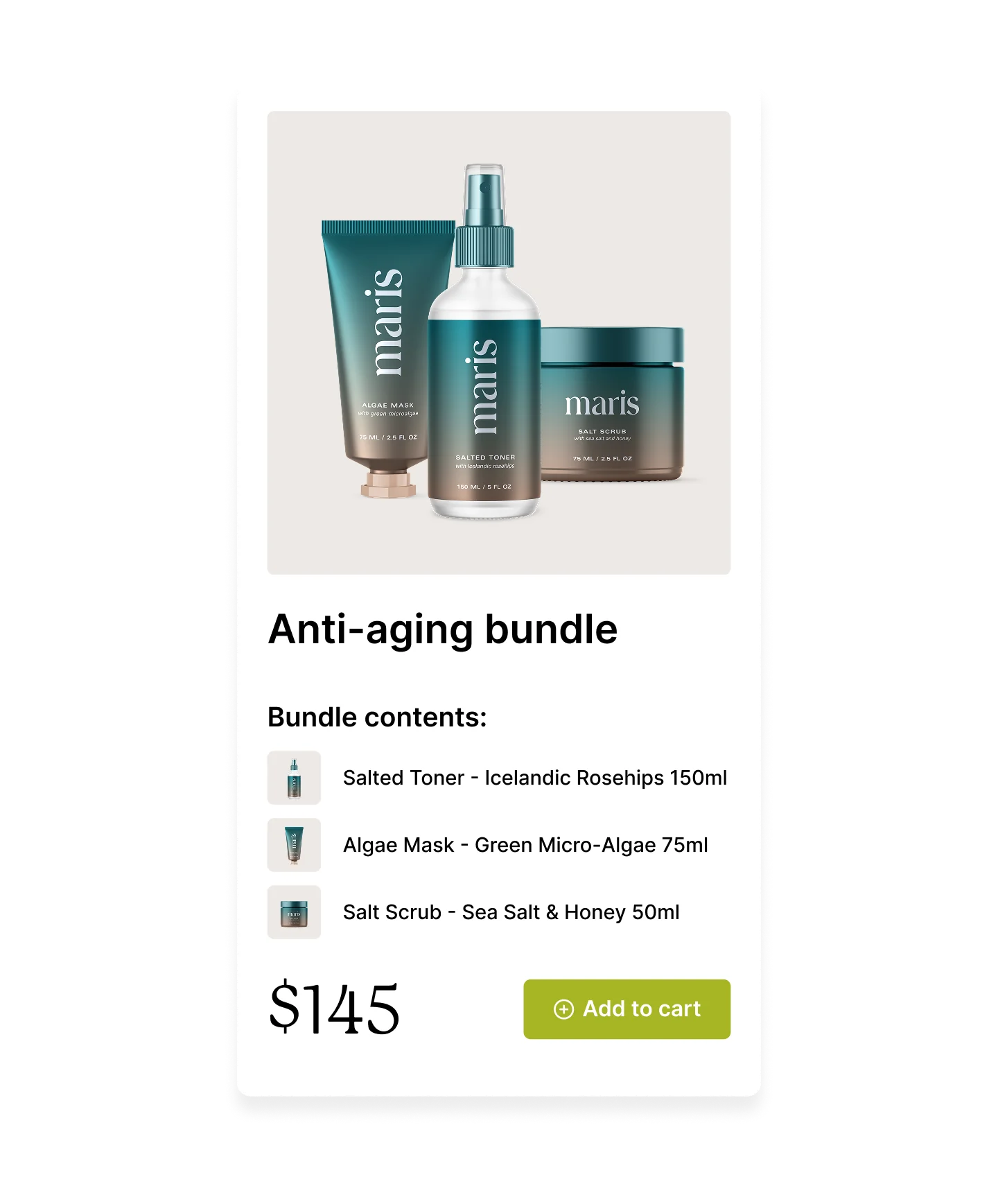 Three skincare products by Maris including a toner, an algae mask, and a salt scrub displayed together.