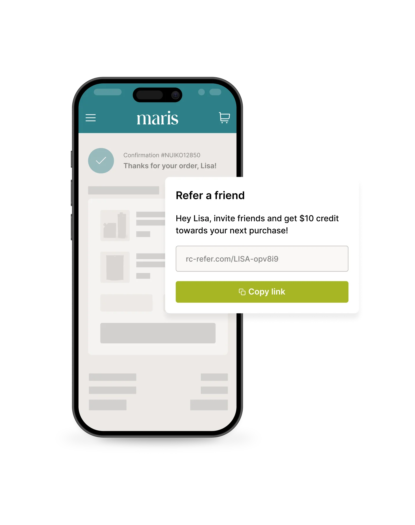 Mobile phone displaying a referral promotion on an ecommerce platform.