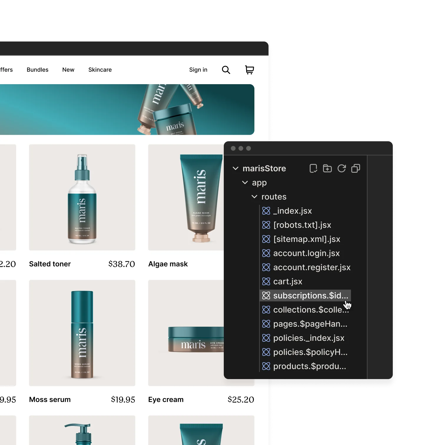 Another view of a webpage featuring skincare products from the brand maris.