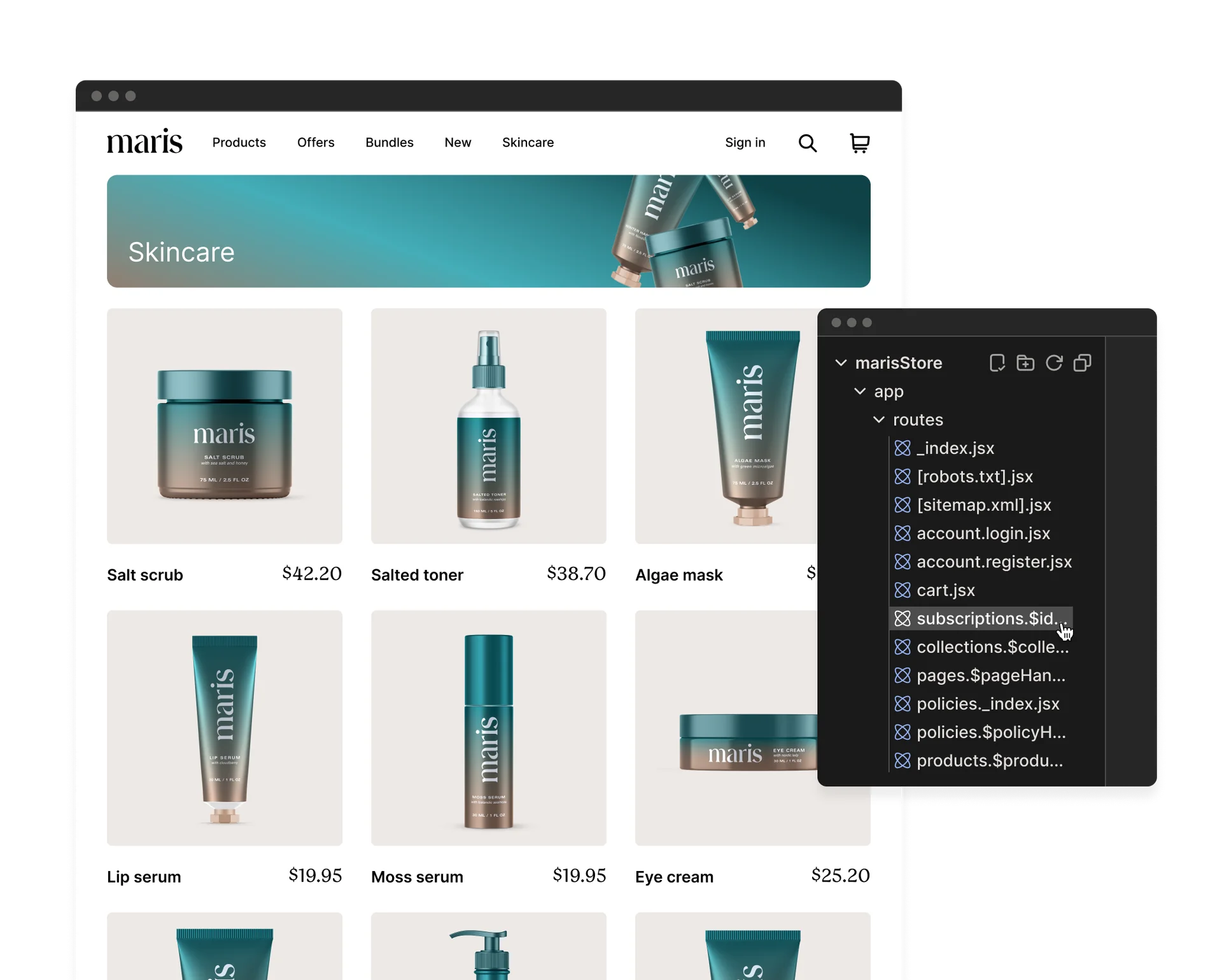 A display of various skincare products from the brand maris including a salt scrub, salted toner, algae mask, lip serum, moss serum, and eye cream.