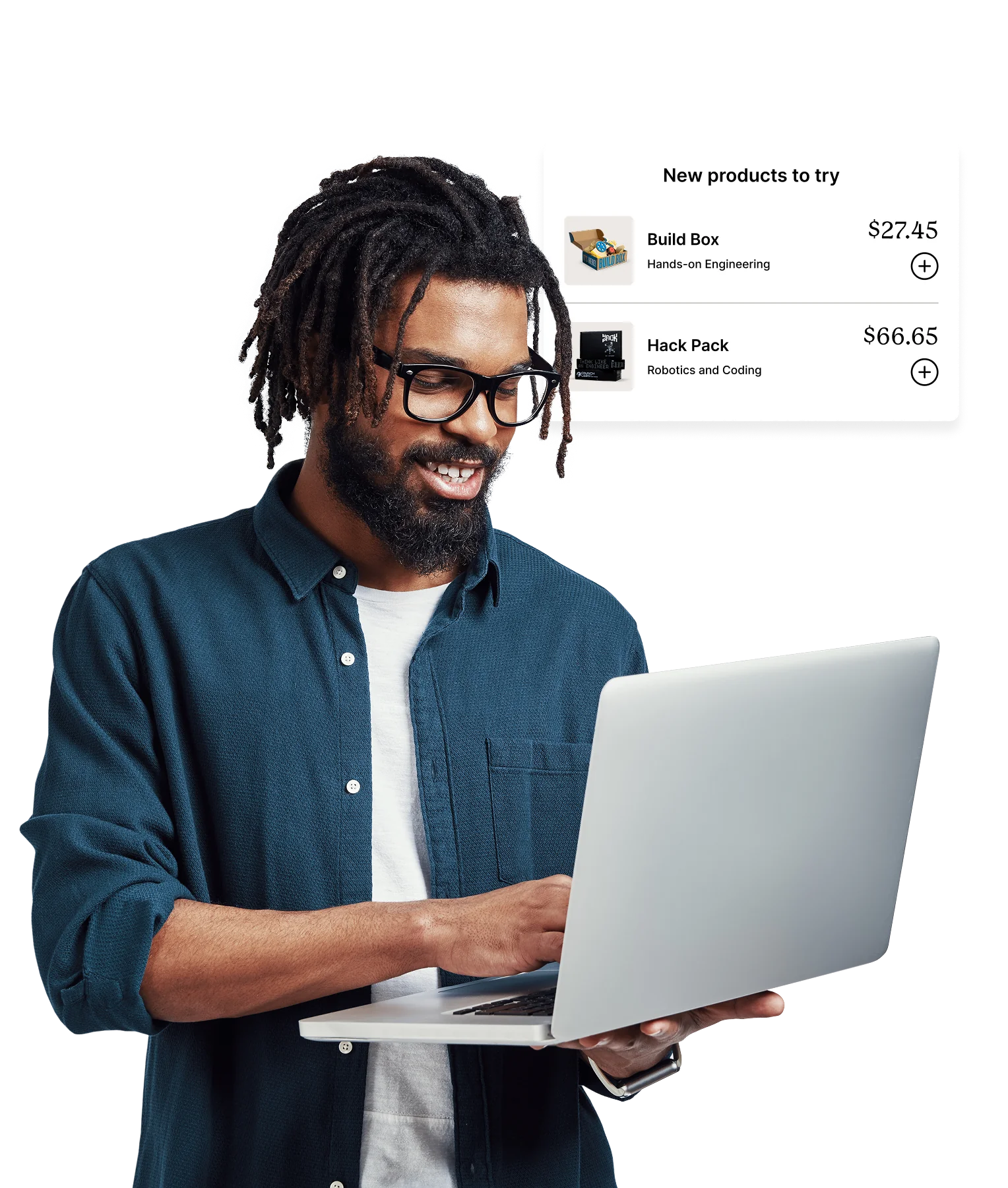 A person with dreadlocks wearing glasses uses a laptop showing new product suggestions.