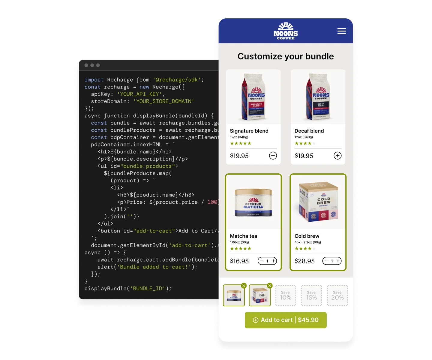 A displayed mobile interface showing coffee bundle customization options with products labeled as Signature blend and Decaf blend from Noons Coffee.