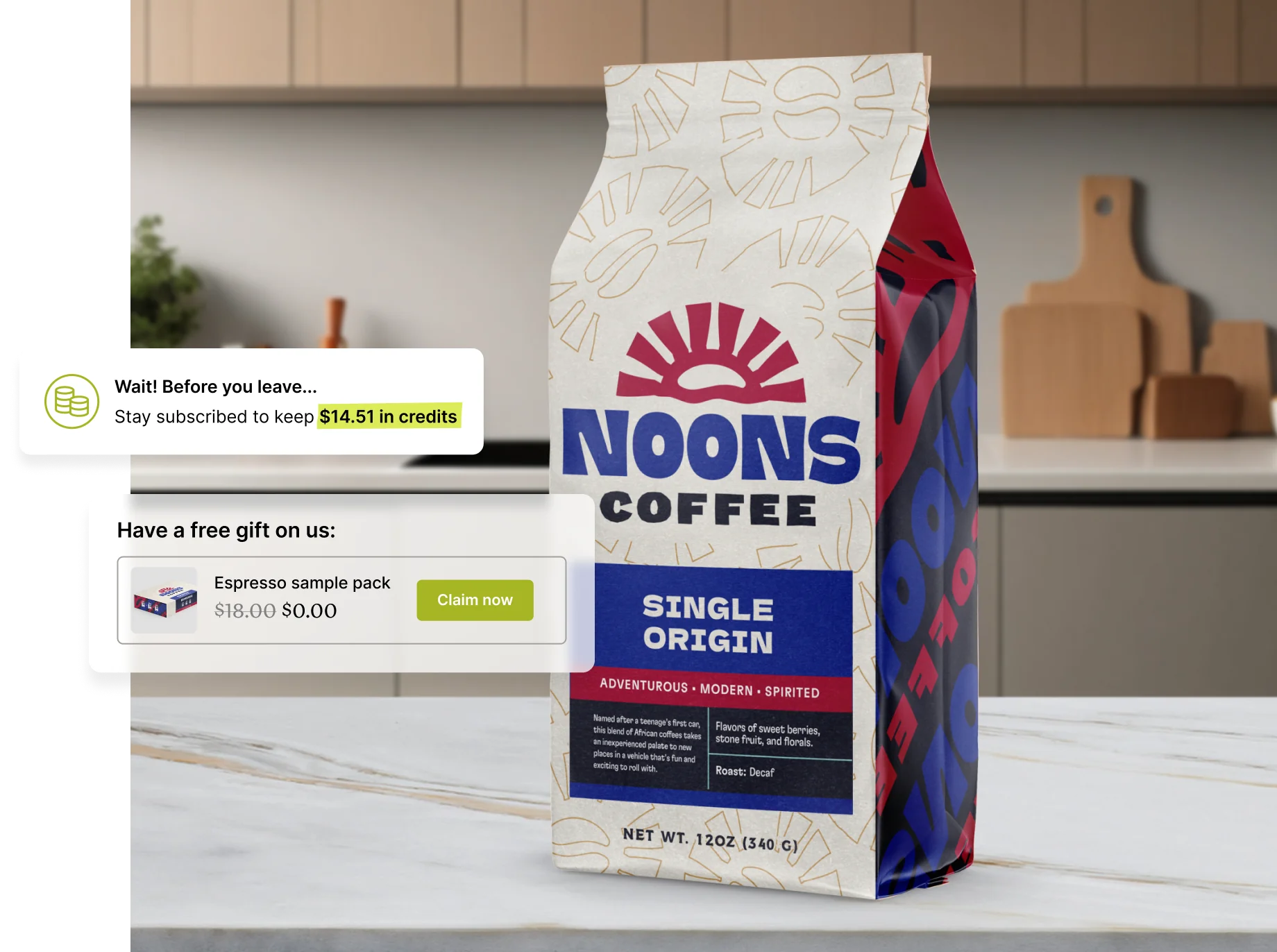 Noons Coffee single origin package displayed on a countertop.