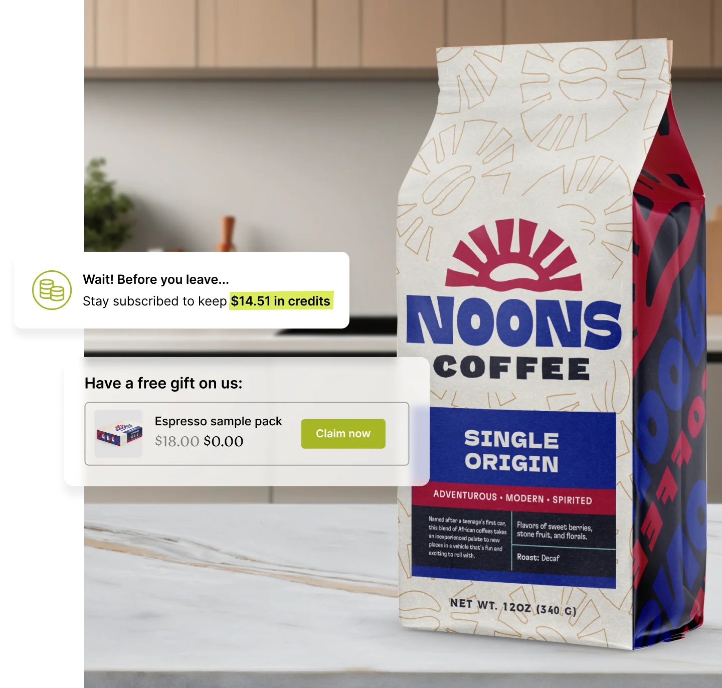 Noons Coffee single origin package displayed on a countertop.