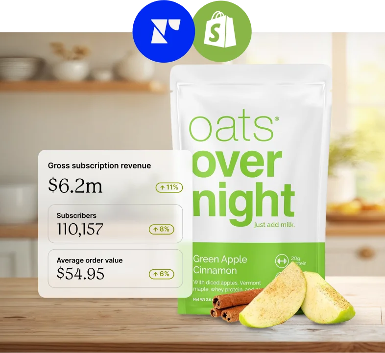 A package of Oats Overnight Green Apple Cinnamon flavor on a wooden table with sliced apples and cinnamon sticks.