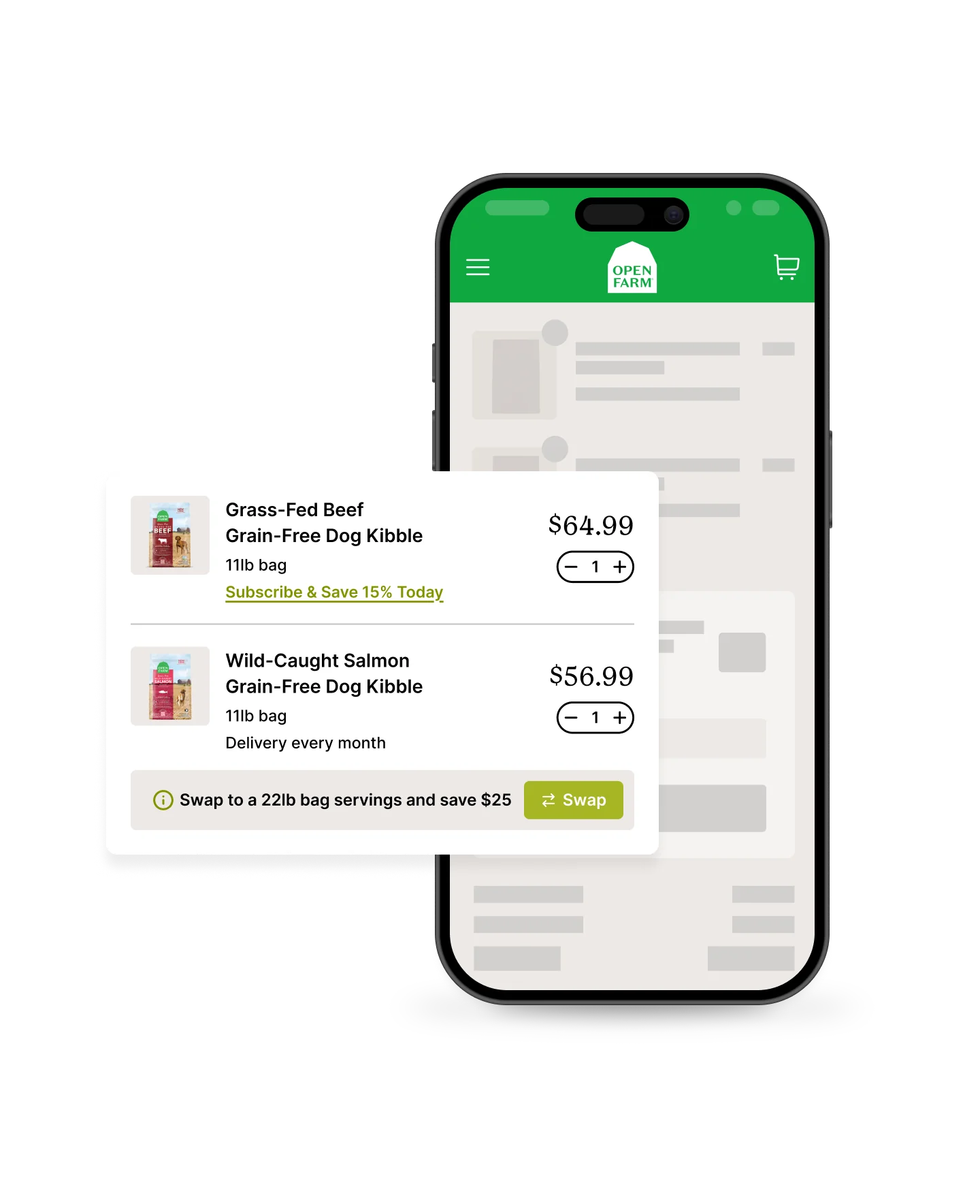 Mobile screenshot featuring dog kibble product options and pricing.