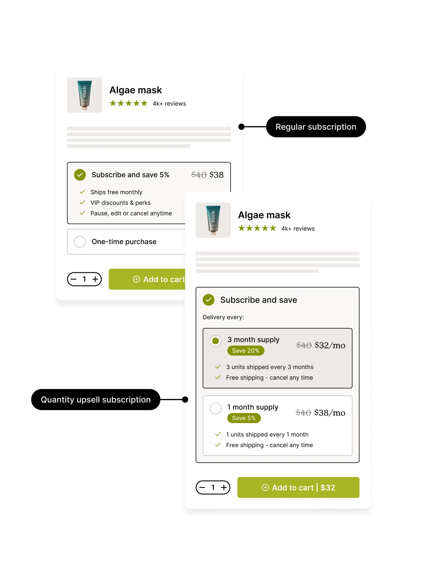 Screenshot showing algae mask product with subscription options and pricing.