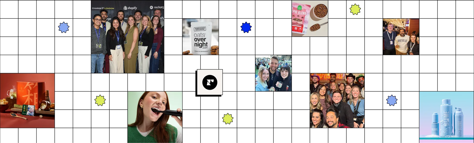 A group of people gathered at a Recharge event, some wearing blue lanyards.