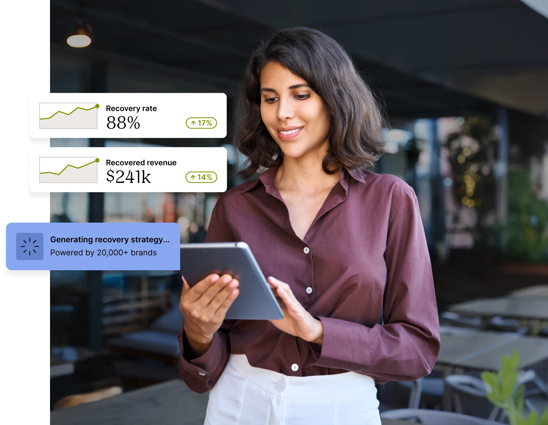 A person engaging with a tablet showing recovery statisitics.