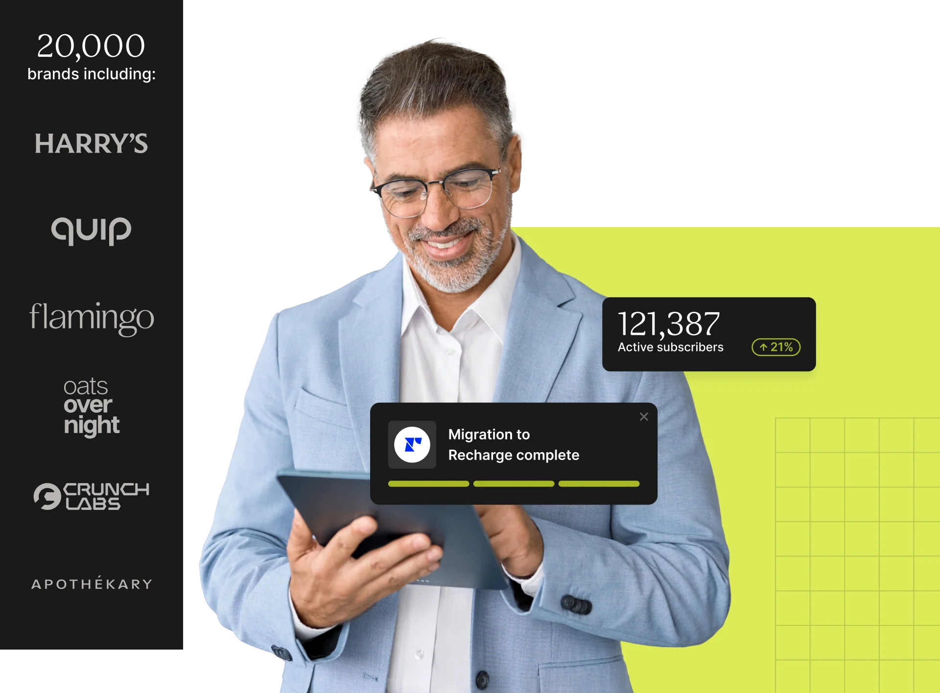 A person in a suit smiles while holding a tablet that shows an active subscriber count.