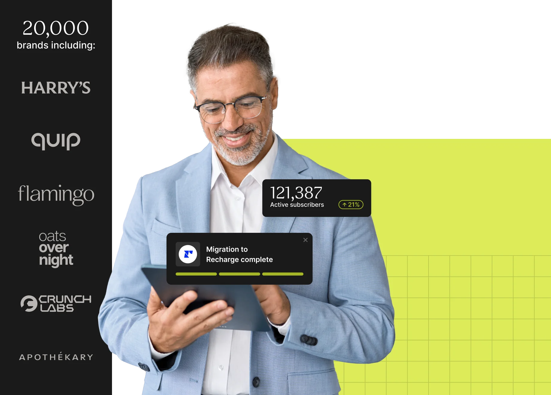 A person is using a tablet to check subscriber statistics, smiling at the screen.