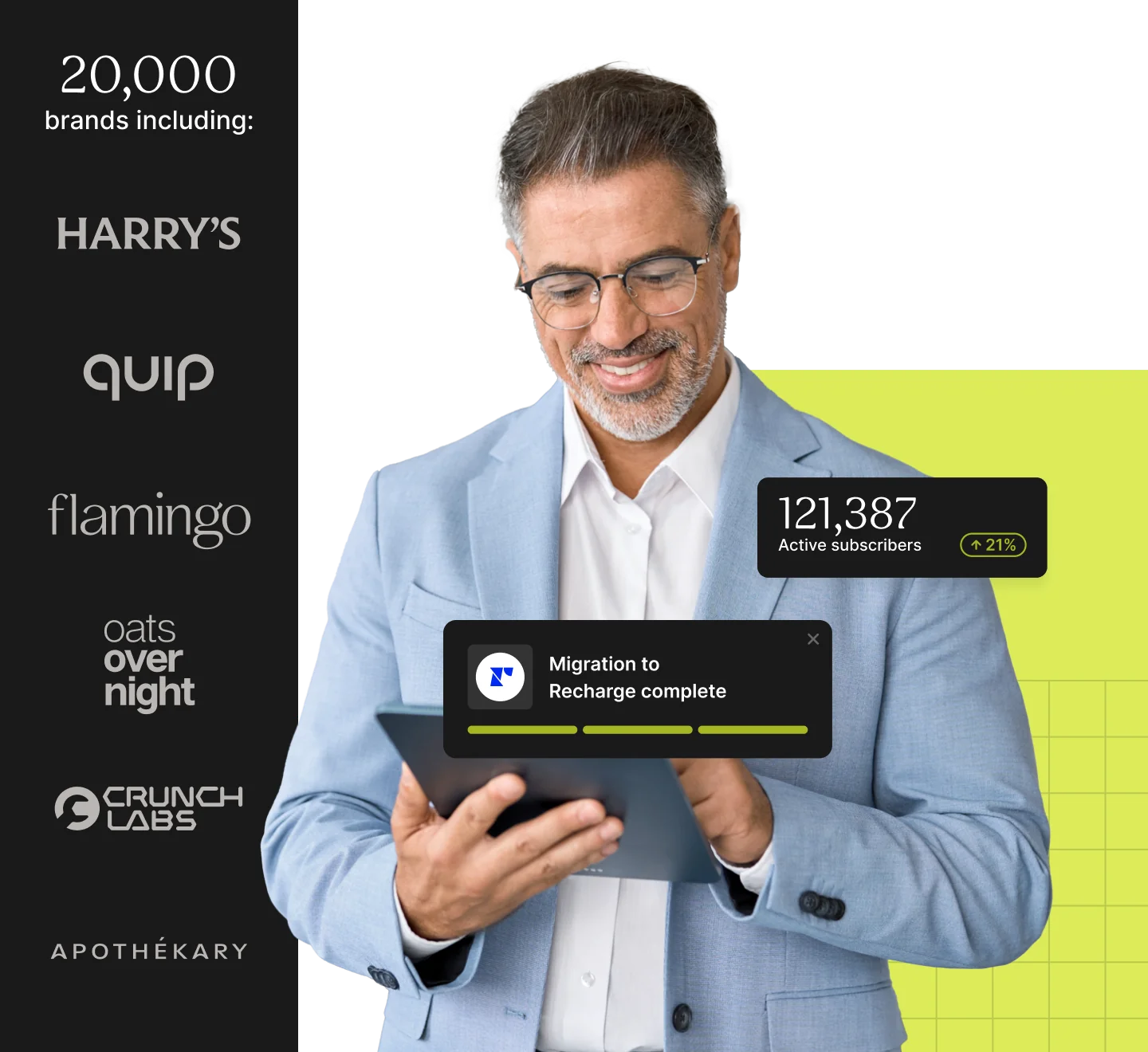 A person wearing glasses smiles while using a tablet that displays active subscriber data.