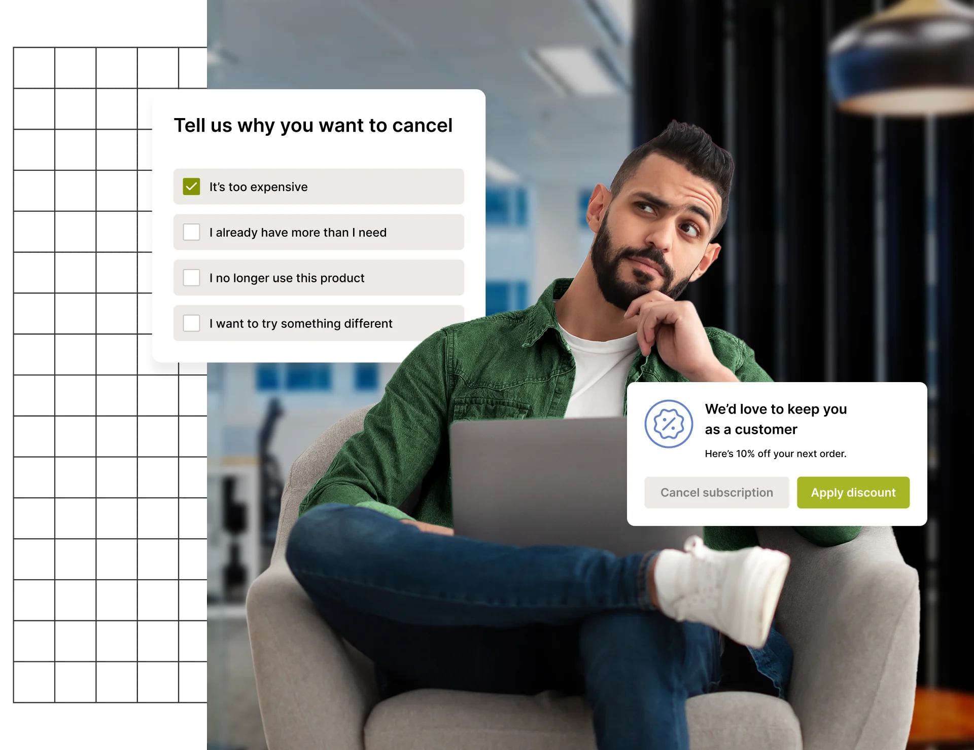 A man thinking while reviewing subscription cancellation options on a laptop.