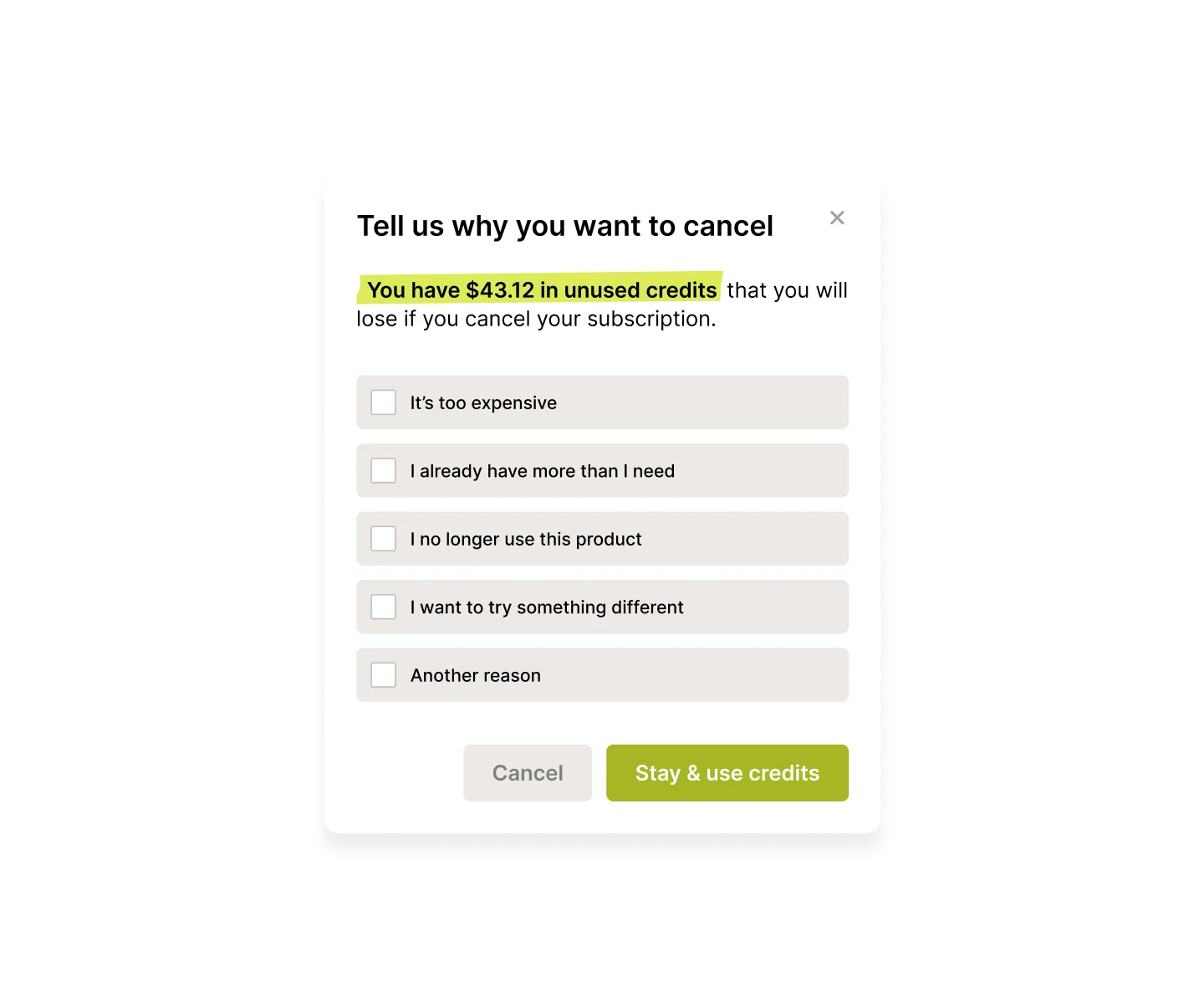 Dialog box asking for reasons to cancel a subscription with unused credits displayed.
