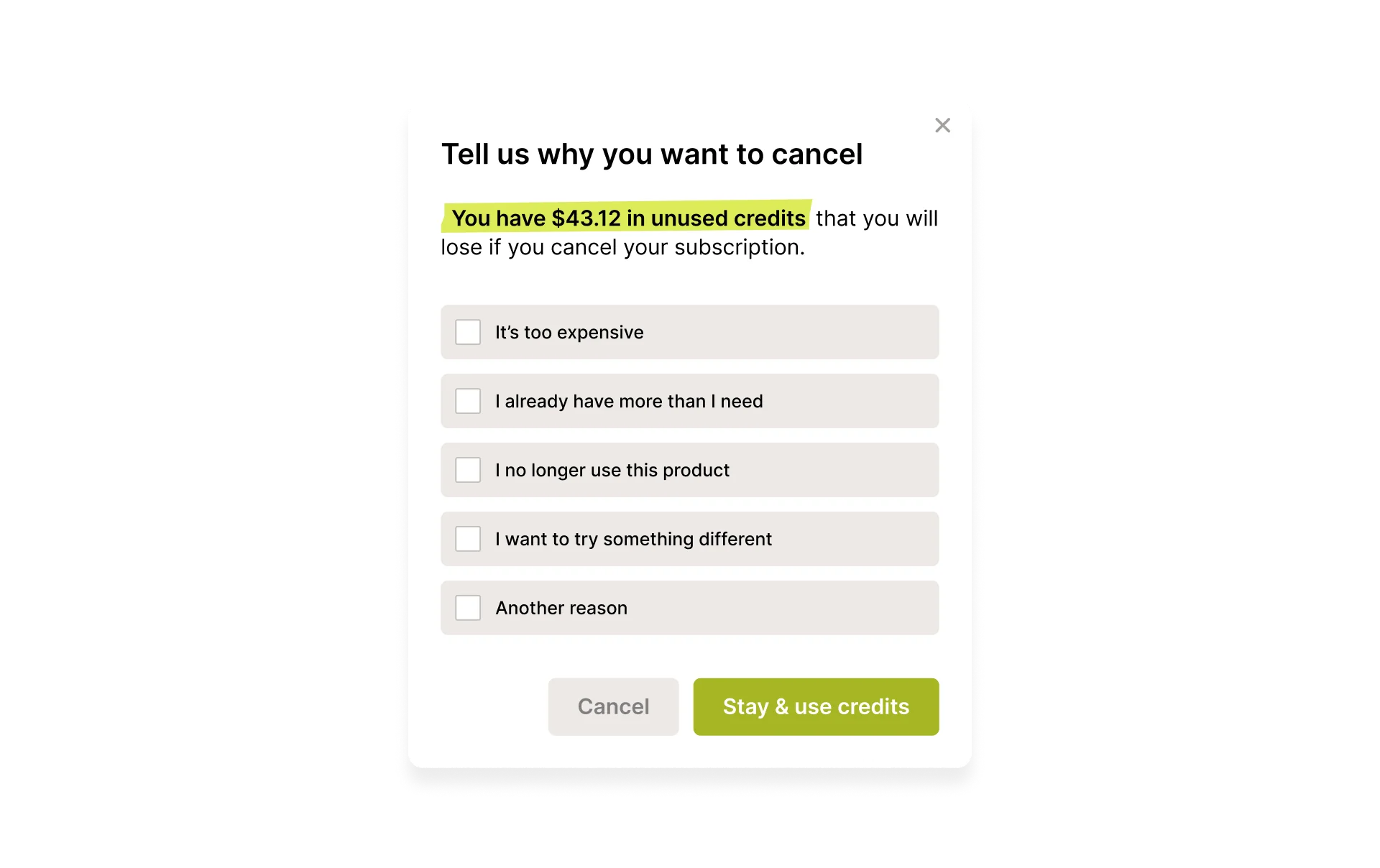 Dialog box asking for reasons to cancel a subscription with unused credits displayed.